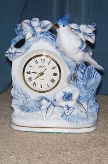   Blue & White Linden Wind Up Blue Jay Mantel Alarm Clock MINTY