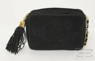 Chanel Vintage Black Suede Embossed Logo Chain Strap Tassel Shoulder 