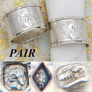 Antique French Sterling Silver Napkin Ring PAIR, Ornate Engraved 