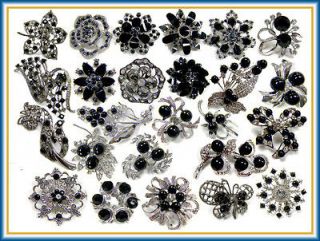 25 Brooches Wholesale Lot BLACK Rhinestone Silver PINS Wedding Bouquet