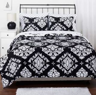 24 Comforter & Shams Bedding Set   Black & White Damask Reversible