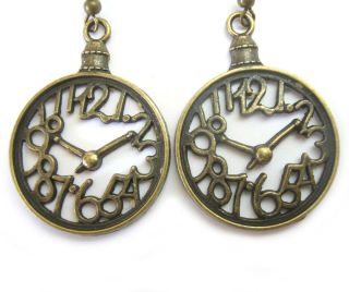 Clock Earrings   Vintage Style Bronze Watch Face Pierced Ears Hippy 