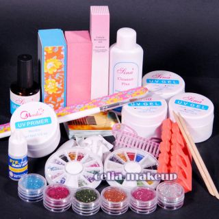   GEL NAIL KIT + 6 Powders Glues FILE BLOCKS Primier Tips kits Sets 268