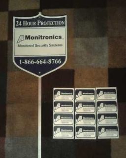 AUTHENTIC MONITRONICS SECURITY ALARM SIGN AND 12 DECALS