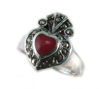 Heart Claddagh Inlay Marcasite Ring Red Agate 925 Sterling Silver Gift 