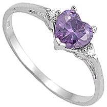   Silver Heart Shaped 3 Stone Clear Lavender Amethyst CZ Ring Size 7