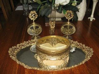 VINTAGE ROSE PATTERN GOLD FILIGREE BOUDOIR 5 PIECE DRESSER SET 