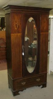 Antique Armoire Wardrobe Oval Beveled Mirror Door with Drawer Inlay