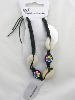 Black Macrame Tie Up Type Sea Shells & Flowered Beads Anklet Bracelet