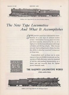 1930 Baldwin Ad Great Northern Railway #2552 4 8 4 CB&Q Railroad 