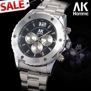   AK Steel Band Mens Automatic Mechanical 12/24h Day Dial Wrist Watch