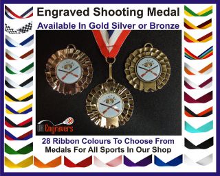 ENGRAVED CLAY PIGEON TRAP SHOOTING ROSETTE MEDAL WITH RIBBON TROPHY 