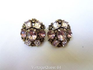   Craft Corp 1954 Pink Glass Rhinestone Oval Clip On Earrings Gold (C360