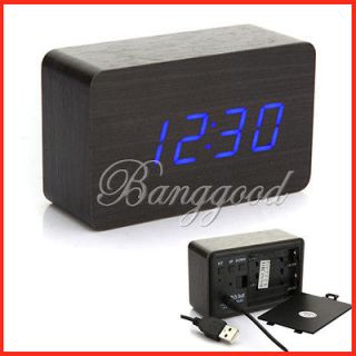   Wood USB/AAA Digital Red LED Alarm Clock Calendar Thermometer New