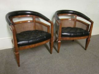   Hollywood Regency Pair Black Tufted Leather Barrelback Chairs (A