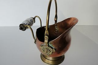 Antique Copper Miniature Ash Coal Bucket Porcelain/Brass Handle Made 