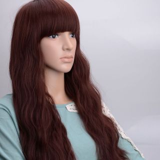   Fashion Long Curly Hair Anime Wig Neat Bang Kanekalon 25.6 Red Brown