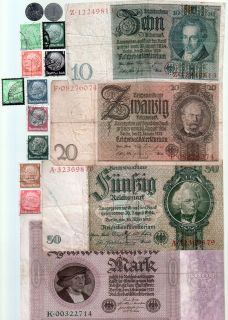 NAZI GERMANY BANKNOTE, COIN AND STAMP SET # 31