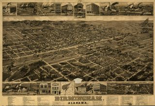 1885 City View of Birmingham, Alabama, Survey MAP, Nice Detail, biz 