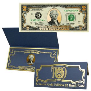22K Gold $2 Two Dollar Bill Federal Reserve Note w/ Certificate of 