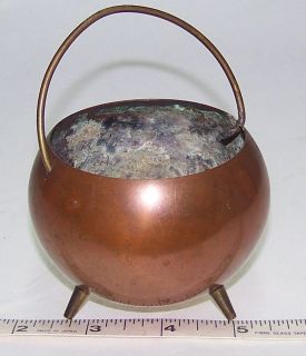 Small Copper Cauldron W Brass Feet & Handle 3 1/2 Diameter Belly 2 1 