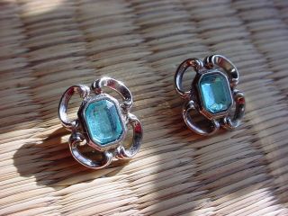 Pair Silver tone w Blue Ornate Pierced Earrings Elizabethan 