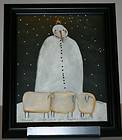 Framed Bernadette Mood Snowman & Sheep Primitive Folk Art Christmas 