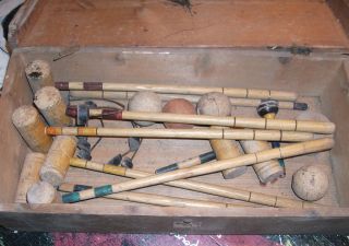 Antique French childs croquet set. Complete with original box