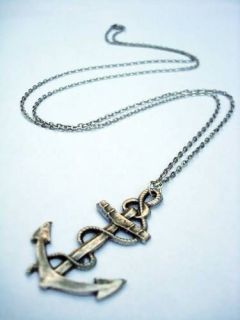 LARGE Antique Aged Silver ANCHOR Charm LONG Necklace