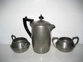   Deco Hand Hammered English Pewter Tea Set Creamer, Pot & Sugar Holder