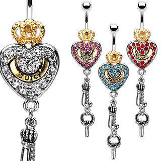 Juicy Crown Dangle CZ Heart Gem Belly Ring Navel Navel Clear, Pink 
