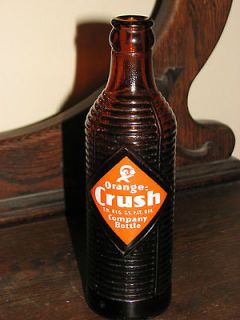 Orange Crush Brown Ribbed Soda Bottle Duraglas Advertising two sides 