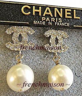   CHANEL 2012 Gold Crystal CC Logo + Pearl Drop Dangling Charm Earrings