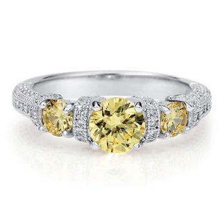 ROUND CUT CANARY CUBIC ZIRCONIA CZ 925 STERLING SILVER 3 STONE RING 1 