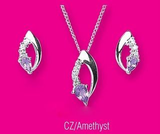   Silver Amethyst & Cubic Zirconia Open Marquis Pendant & Earring Set