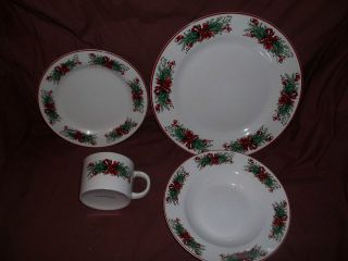 Christmas Set of Dishes with Holly, Berries, Pine & Red Ribbon & Red 