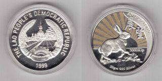   COLORED SILVER PROOF 3000 KIP COIN 1999 YEAR KM#73 ANTICIPATION RABBIT