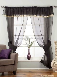 Black Rod Pocket with attached Beaded Valance Sheer Tissue Curtain 