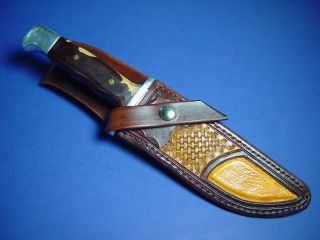 Buck 124 custom cane toad frog inlay leather knife sheath dyed Brown
