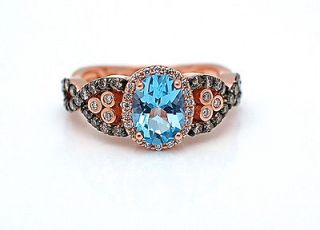 LeVian Blue Topaz with Chocolate Diamonds RING 14 KT Solid Rose Gold 
