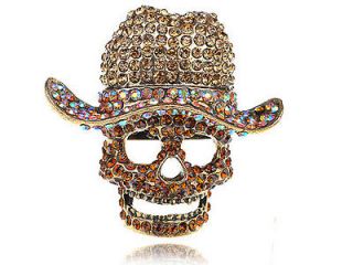   Light Topaz Crystal Rhinestone Skull Cowboy Hat Statement Ring