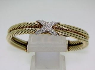 David Yurman 14K Gold Pave Diamond X Double Row Bangle Bracelet