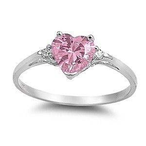Sterling Silver Pink CZ Heart Ring Love Rhodium Finish Band Solid 925 