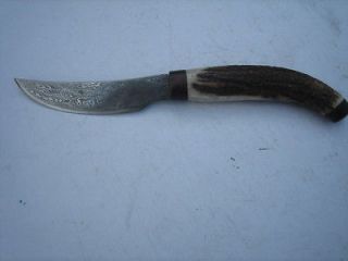 Vintage Damascus Custom Handmade Fixed Blade Knife with Stag Handle.