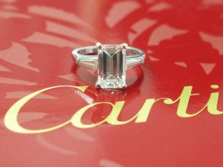   Platinum Emerald & Baguette Diamond 3 Stone Engagement Ring G IF