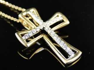 14K Yellow Gold Genuine Real Diamond Cross Pendant and Chain
