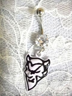 DETAILED WHITE DEVIL HEAD / SATAN CHARM ON CLEAR PRONGED CZ BELLY 