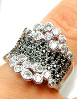 925 Sterling Silver Black White Synthetic Diamond Wide Ring Size 8