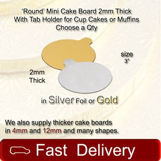50 x Round Mini Cake Boards 2mm Thick With Tab for Holding Cup Cakes 