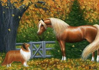 Arabian horse collie dog autumn fall trees landscape limited edition 